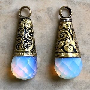 2 Opalite Earring Charms In Ornate Brass Settings